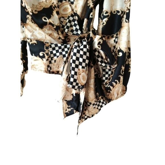 O.L.M. black white gold chess long sleeve Blouse top with bow S - Picture 2 of 4